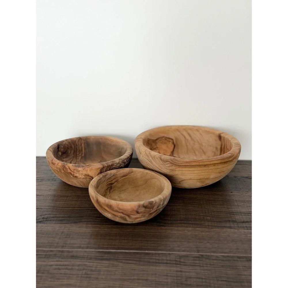 Olive Wood Nesting Serving Bowls Set of 3 Rustic Mediterranean Farmhouse Kitchen